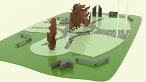 Recorrido con mapa bicontinental, silueta de las islas y totem c placas recordatorias